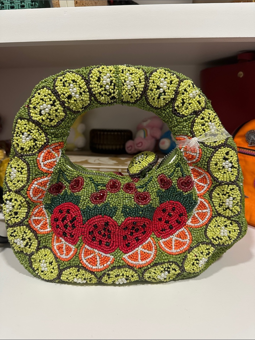 Beaded Fruit-Pattern Green Women’s Handbag